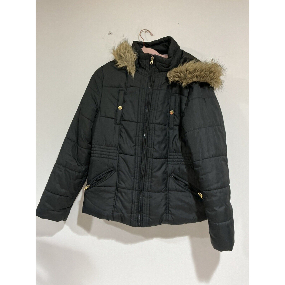 Girls Junior Krush Puffer Jacket Black Zip Front Hood Fur Trim Xl